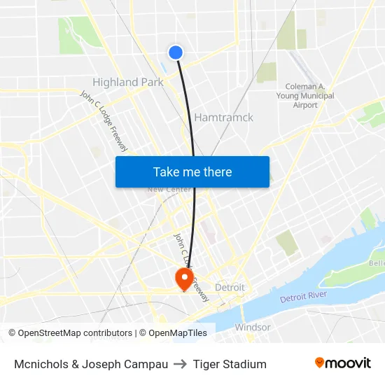 Mcnichols & Joseph Campau to Tiger Stadium map