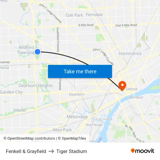 Fenkell & Grayfield to Tiger Stadium map