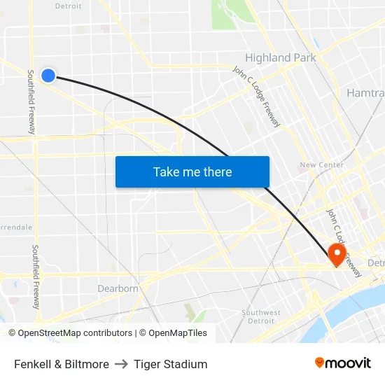 Fenkell & Biltmore to Tiger Stadium map