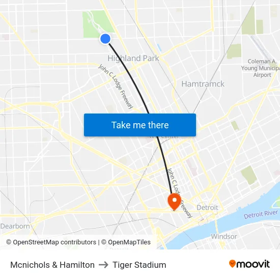 Mcnichols & Hamilton to Tiger Stadium map