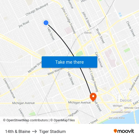 14th & Blaine to Tiger Stadium map