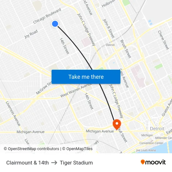 Clairmount & 14th to Tiger Stadium map
