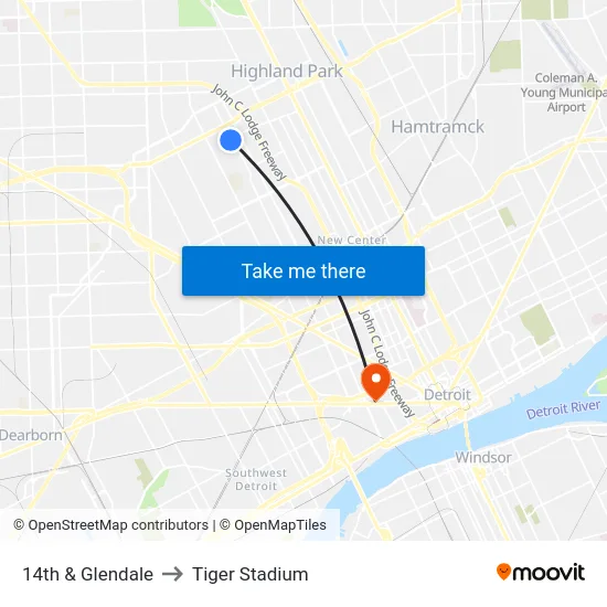 14th & Glendale to Tiger Stadium map
