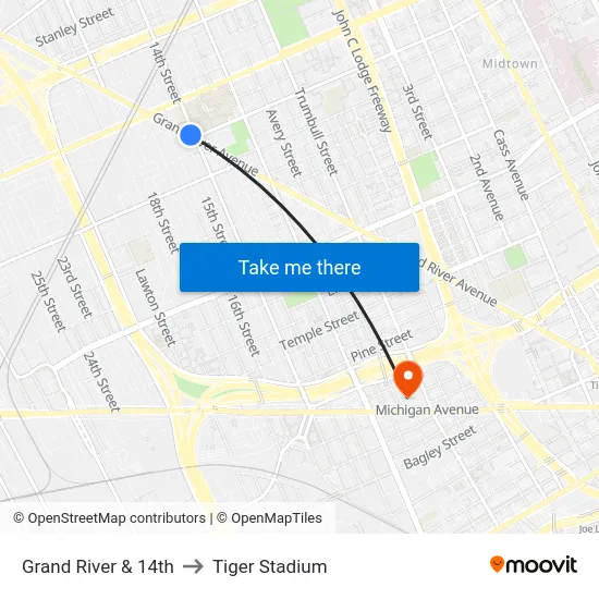Grand River & 14th to Tiger Stadium map