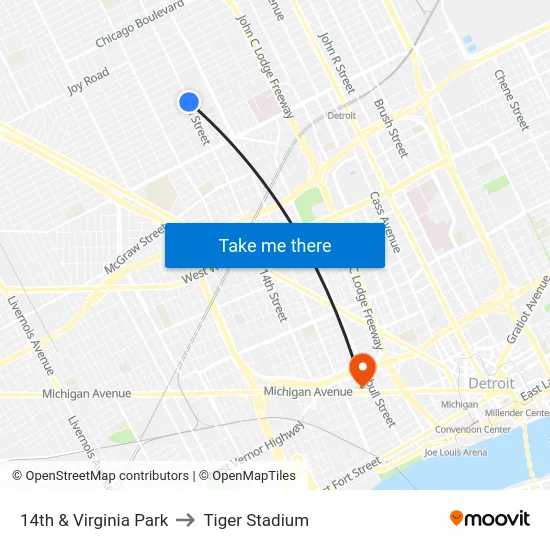14th & Virginia Park to Tiger Stadium map