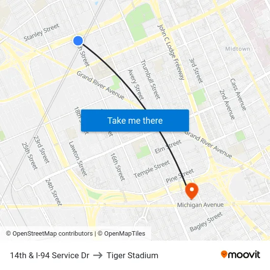 14th & I-94 Service Dr to Tiger Stadium map