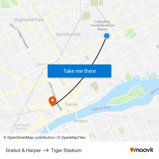 Gratiot & Harper to Tiger Stadium map