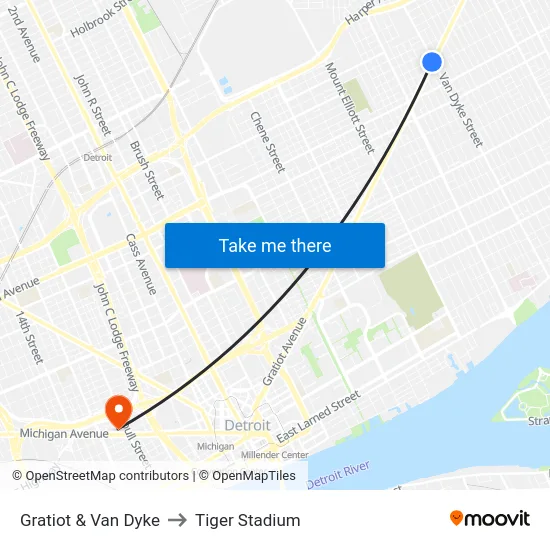 Gratiot & Van Dyke to Tiger Stadium map