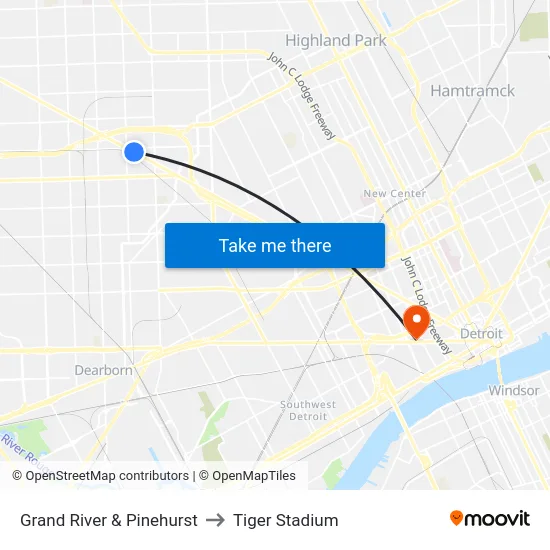 Grand River & Pinehurst to Tiger Stadium map