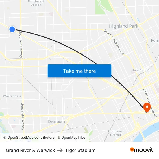 Grand River & Warwick to Tiger Stadium map
