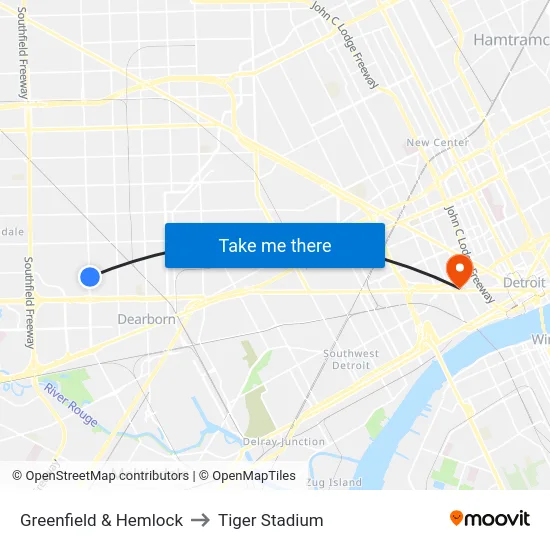 Greenfield & Hemlock to Tiger Stadium map