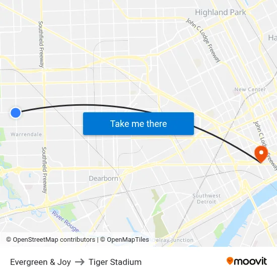Evergreen & Joy to Tiger Stadium map