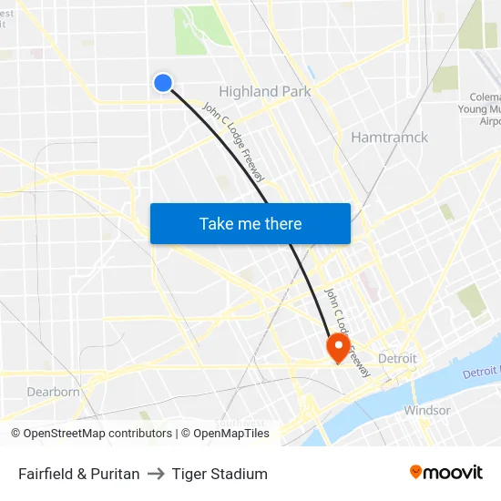 Fairfield & Puritan to Tiger Stadium map