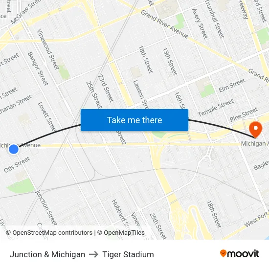 Junction & Michigan to Tiger Stadium map