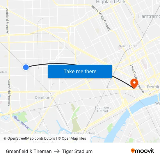 Greenfield & Tireman to Tiger Stadium map