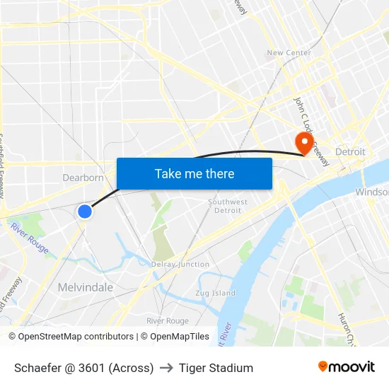 Schaefer @ 3601 (Across) to Tiger Stadium map