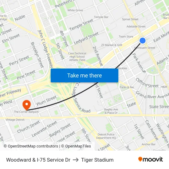 Woodward & I-75 Service Dr to Tiger Stadium map