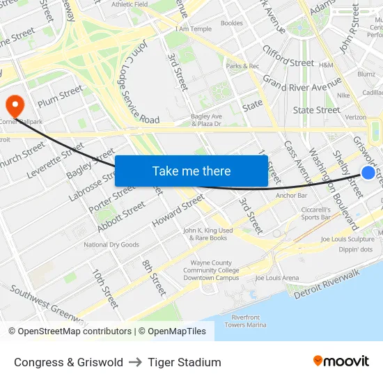 Congress & Griswold to Tiger Stadium map