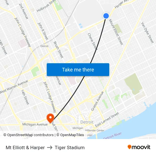 Mt Elliott & Harper to Tiger Stadium map