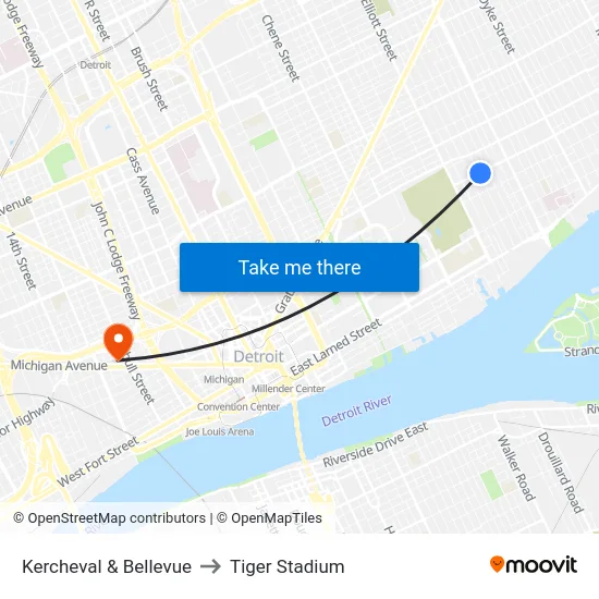 Kercheval & Bellevue to Tiger Stadium map