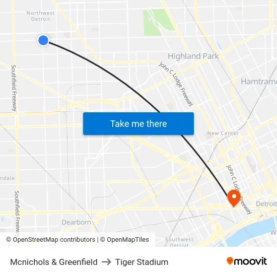 Mcnichols & Greenfield to Tiger Stadium map