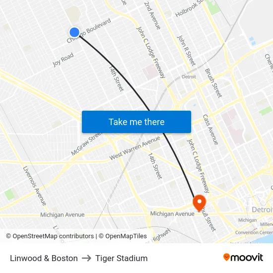 Linwood & Boston to Tiger Stadium map