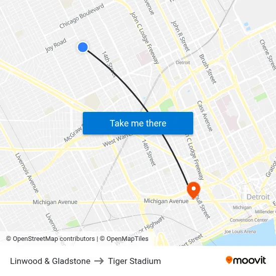 Linwood & Gladstone to Tiger Stadium map