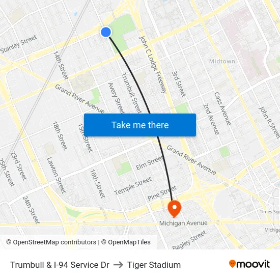 Trumbull & I-94 Service Dr to Tiger Stadium map
