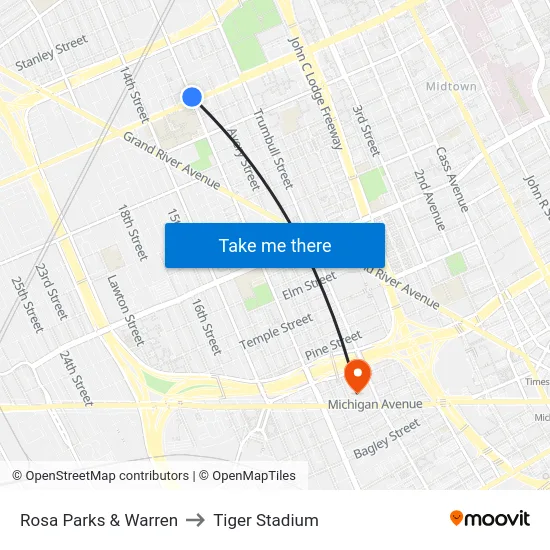 Rosa Parks & Warren to Tiger Stadium map