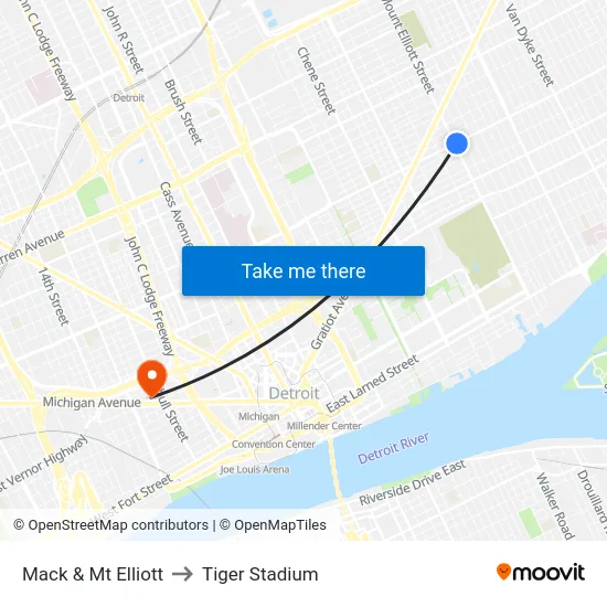 Mack & Mt Elliott to Tiger Stadium map