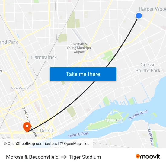 Moross & Beaconsfield to Tiger Stadium map