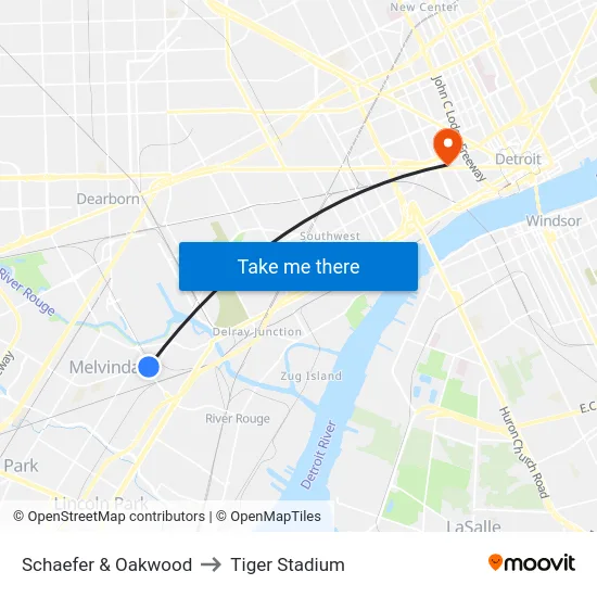 Schaefer & Oakwood to Tiger Stadium map