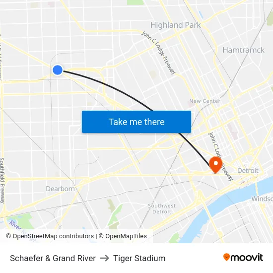 Schaefer & Grand River to Tiger Stadium map