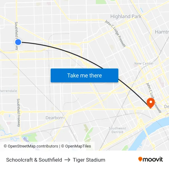Schoolcraft & Southfield to Tiger Stadium map