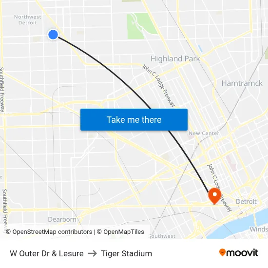 W Outer Dr & Lesure to Tiger Stadium map