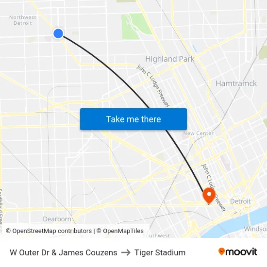 W Outer Dr & James Couzens to Tiger Stadium map