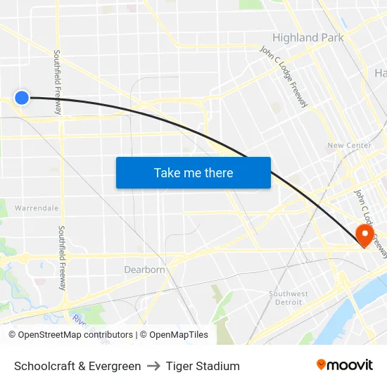 Schoolcraft & Evergreen to Tiger Stadium map