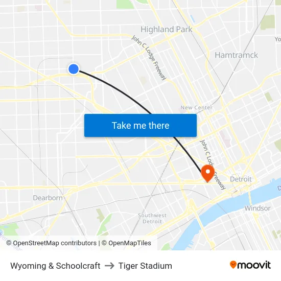 Wyoming & Schoolcraft to Tiger Stadium map