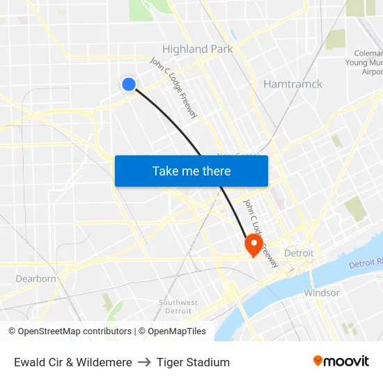 Ewald Cir & Wildemere to Tiger Stadium map