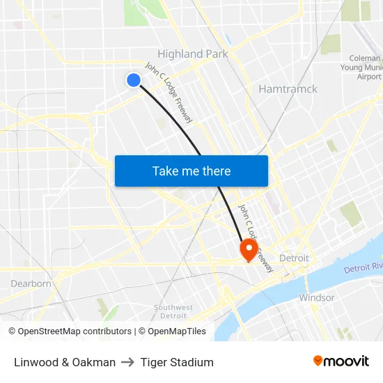 Linwood & Oakman to Tiger Stadium map