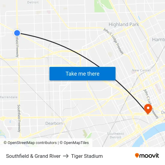 Southfield & Grand River to Tiger Stadium map