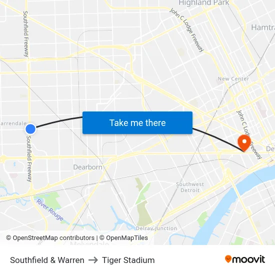 Southfield & Warren to Tiger Stadium map