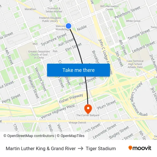 Martin Luther King & Grand River to Tiger Stadium map