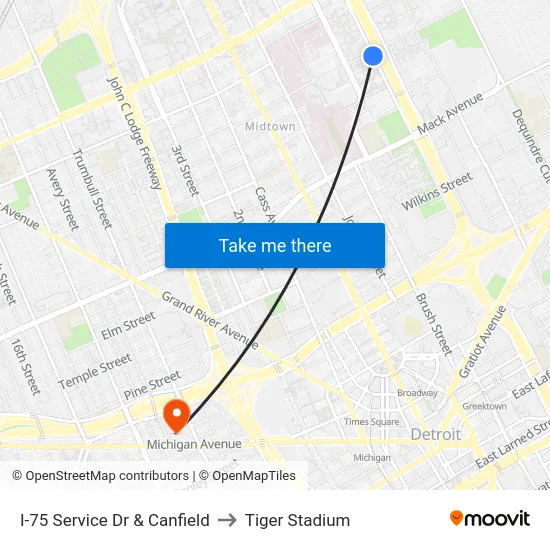 I-75 Service Dr & Canfield to Tiger Stadium map