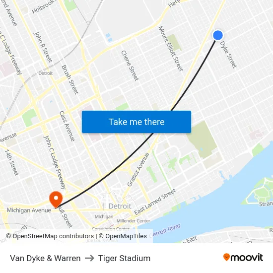 Van Dyke & Warren to Tiger Stadium map