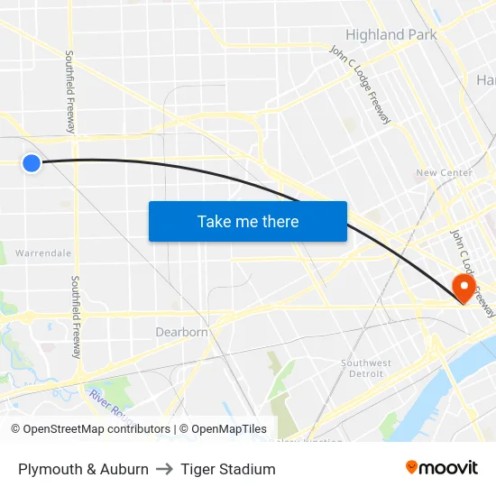 Plymouth & Auburn to Tiger Stadium map