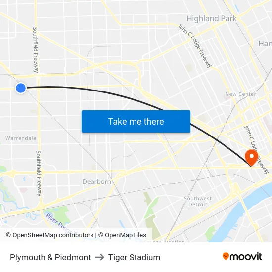 Plymouth & Piedmont to Tiger Stadium map