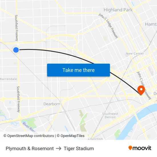 Plymouth & Rosemont to Tiger Stadium map