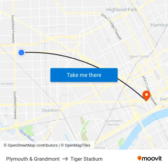 Plymouth & Grandmont to Tiger Stadium map