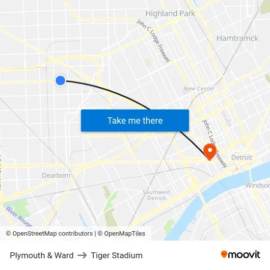 Plymouth & Ward to Tiger Stadium map